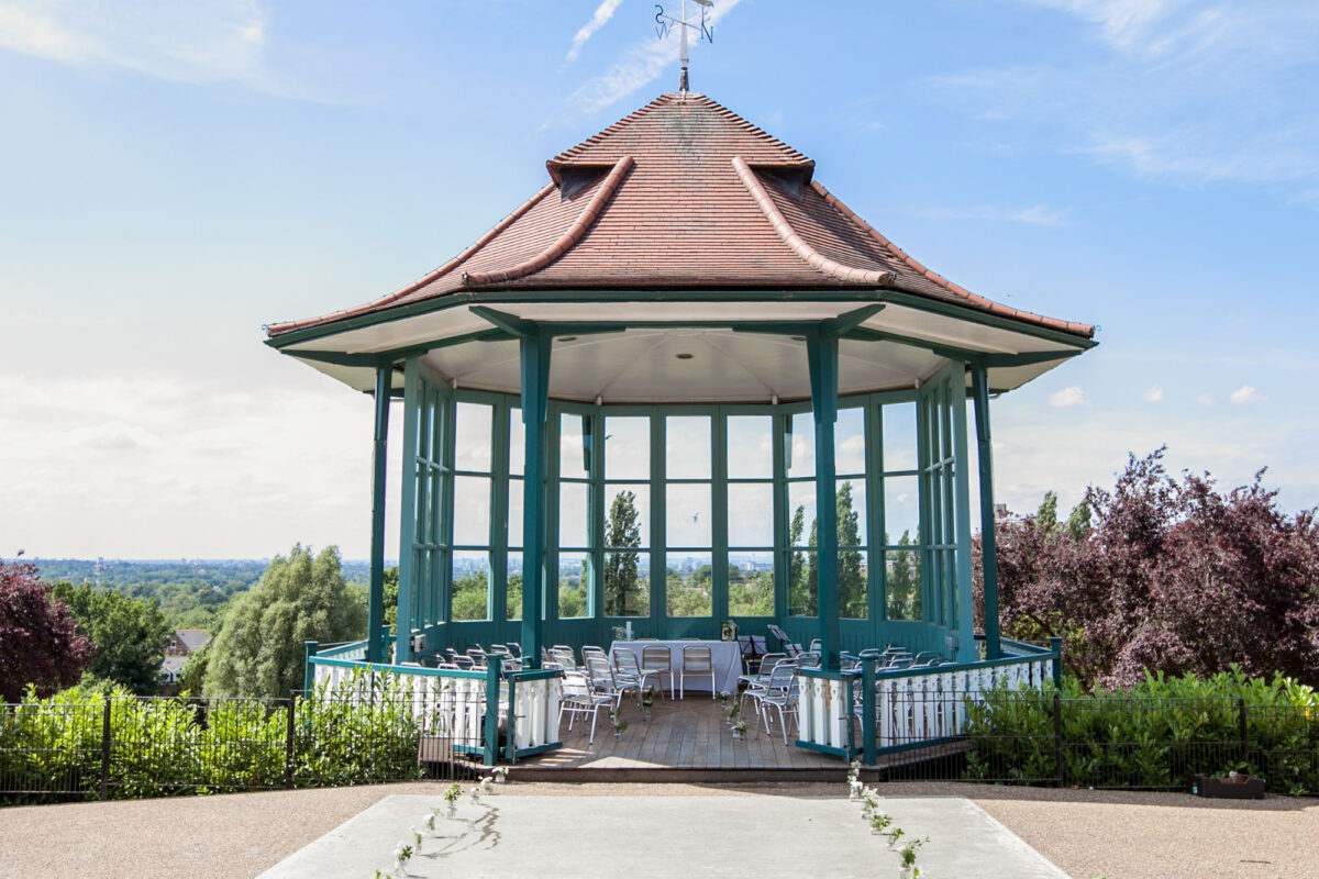 A bandstand, set up for a wedding