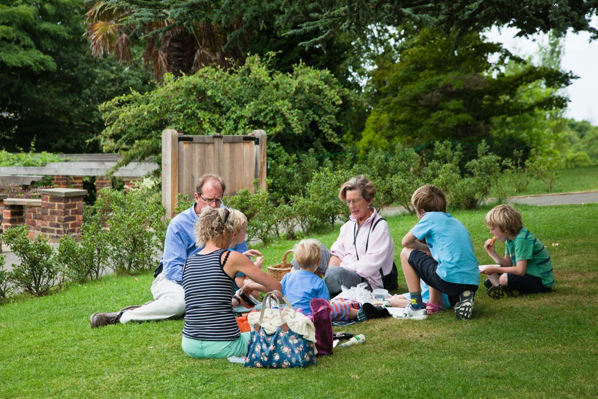 A family with parents children and grandparents are eating a picnic in a Garden