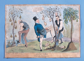 cartoon of 3 men kicking trees